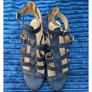 Reba Black Leather Strappy Wedge Sandal Women's Size 8